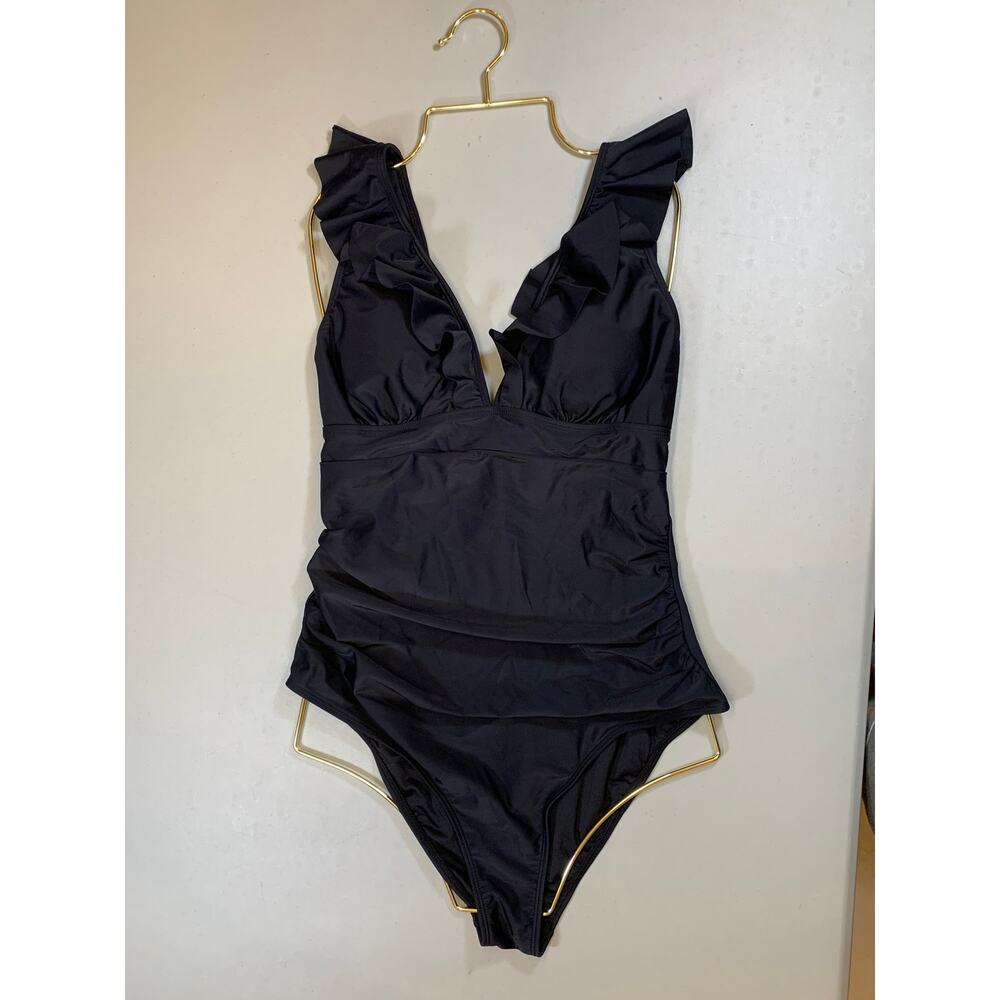NWT Cupshe Ruffle Shoulder Black One Piece Swimsuit with Ruched Sides Size Large